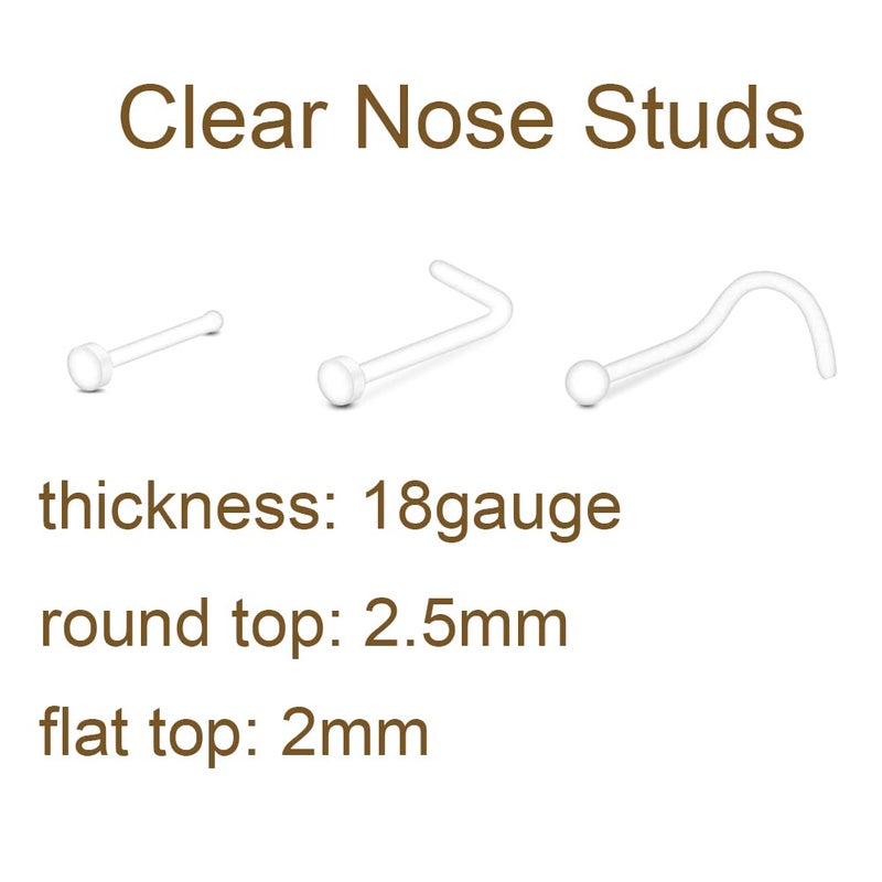 MODRSA Clear Nose Rings Studs Nose Retainer Flexible L-Shape Nose Bone Pin Screw Nostril Piercing Retainer for Work Surgery Round and Flat Top 18g - Image 2